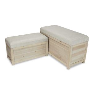 Set of 2 Rectangular White Linen Fabric and Wood Storage Benches
