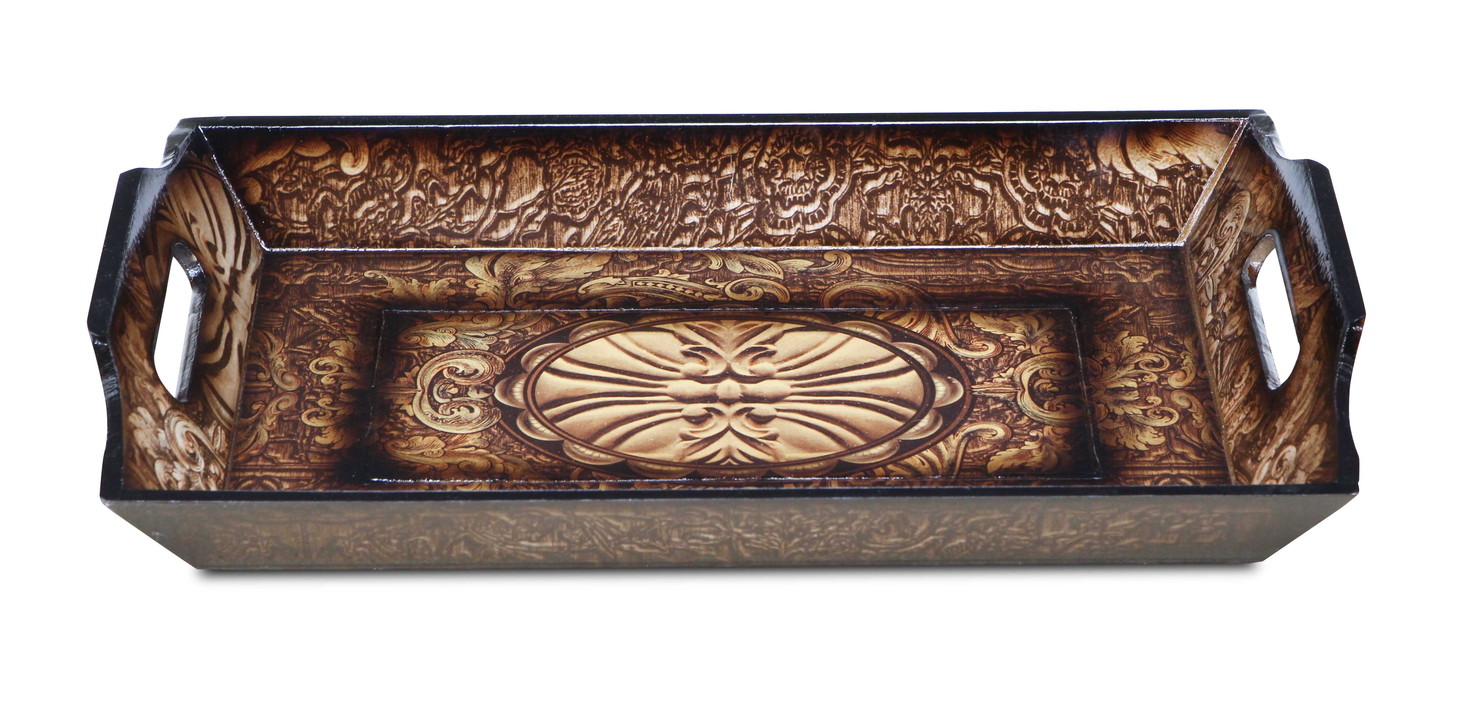 Rectangular Wood Finished Baroque Design Tray