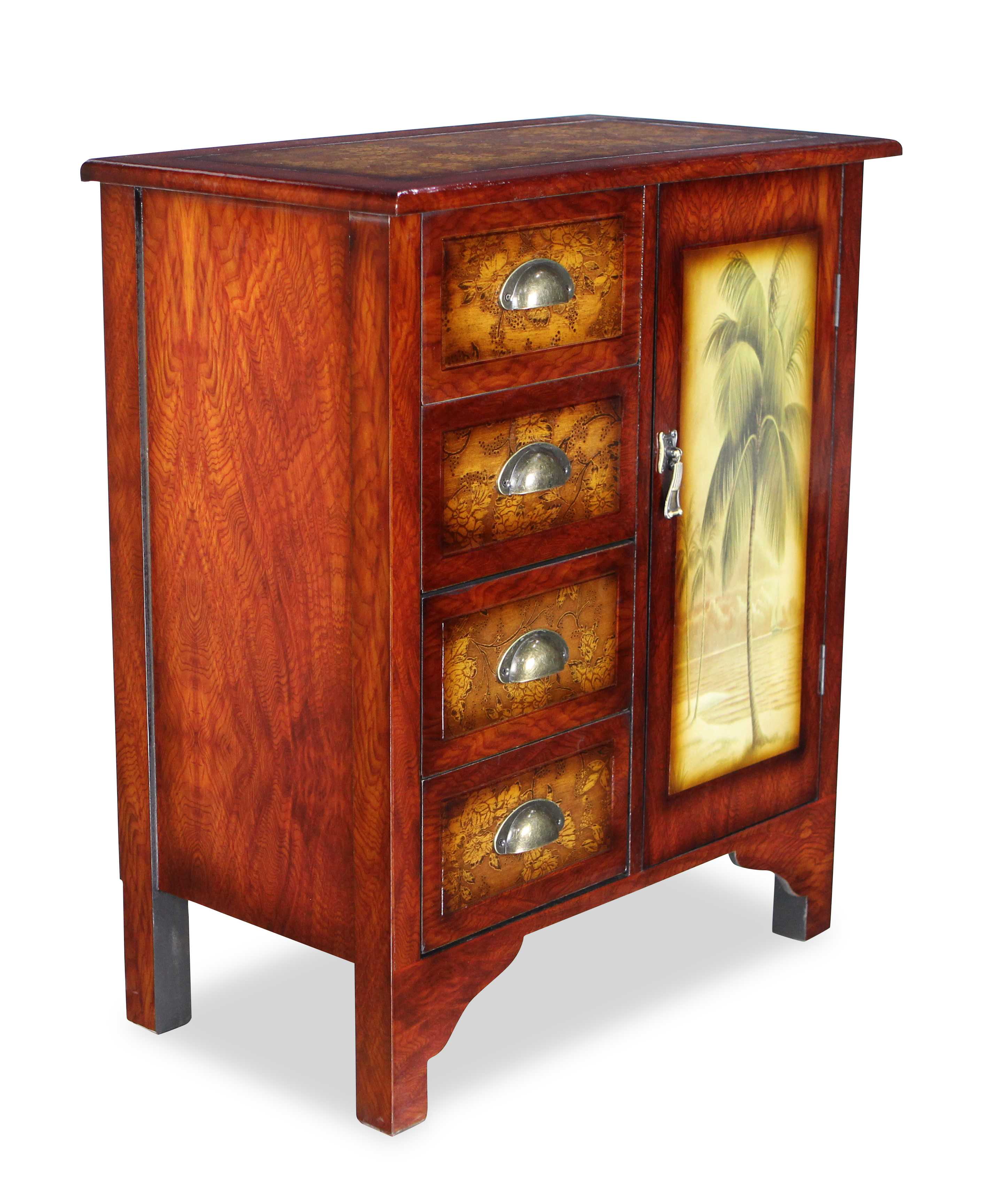 28" Wooden Brown Tropical and Floral Design with 4 drawers and 1 door Cabinet