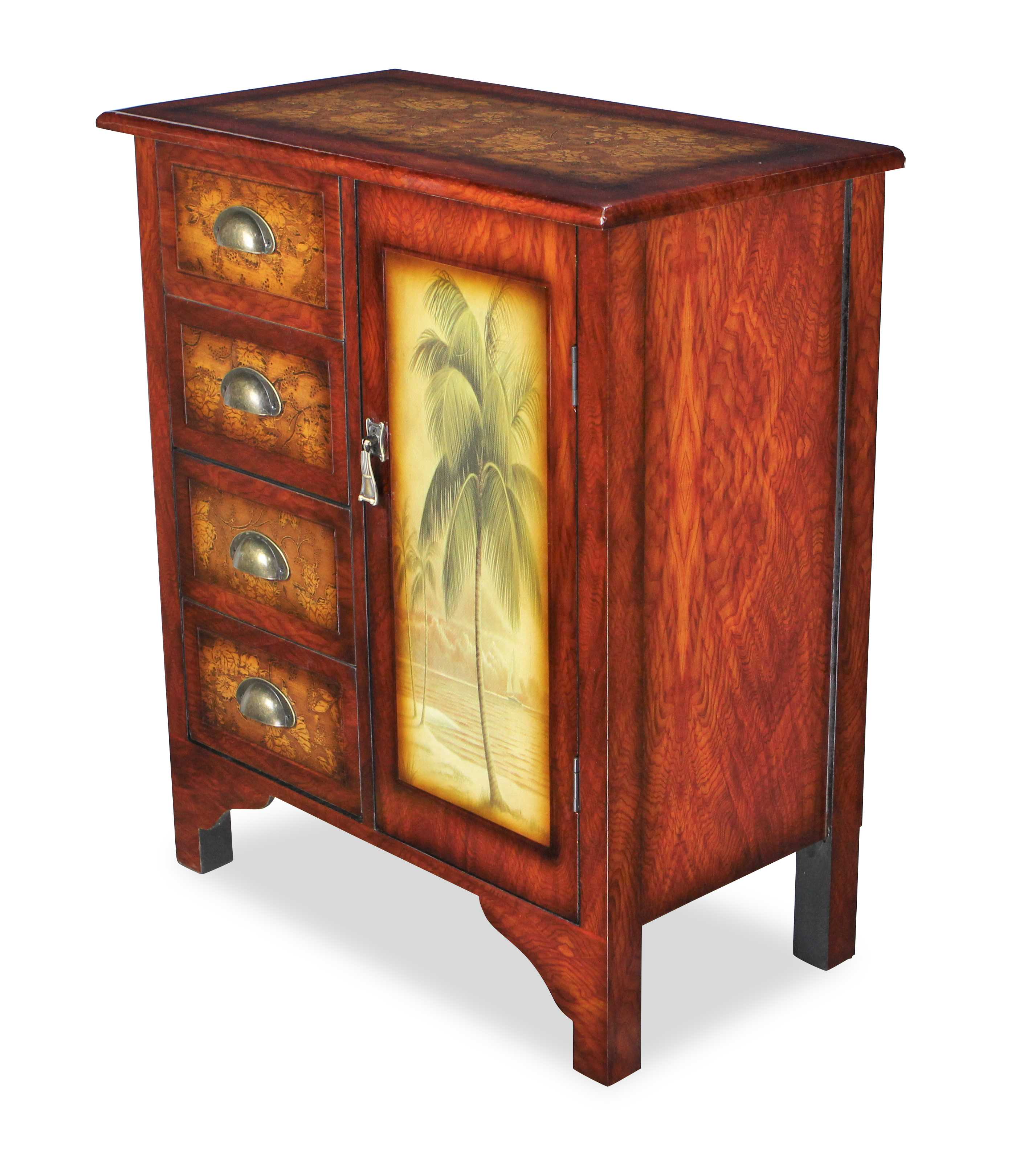 28" Wooden Brown Tropical and Floral Design with 4 drawers and 1 door Cabinet