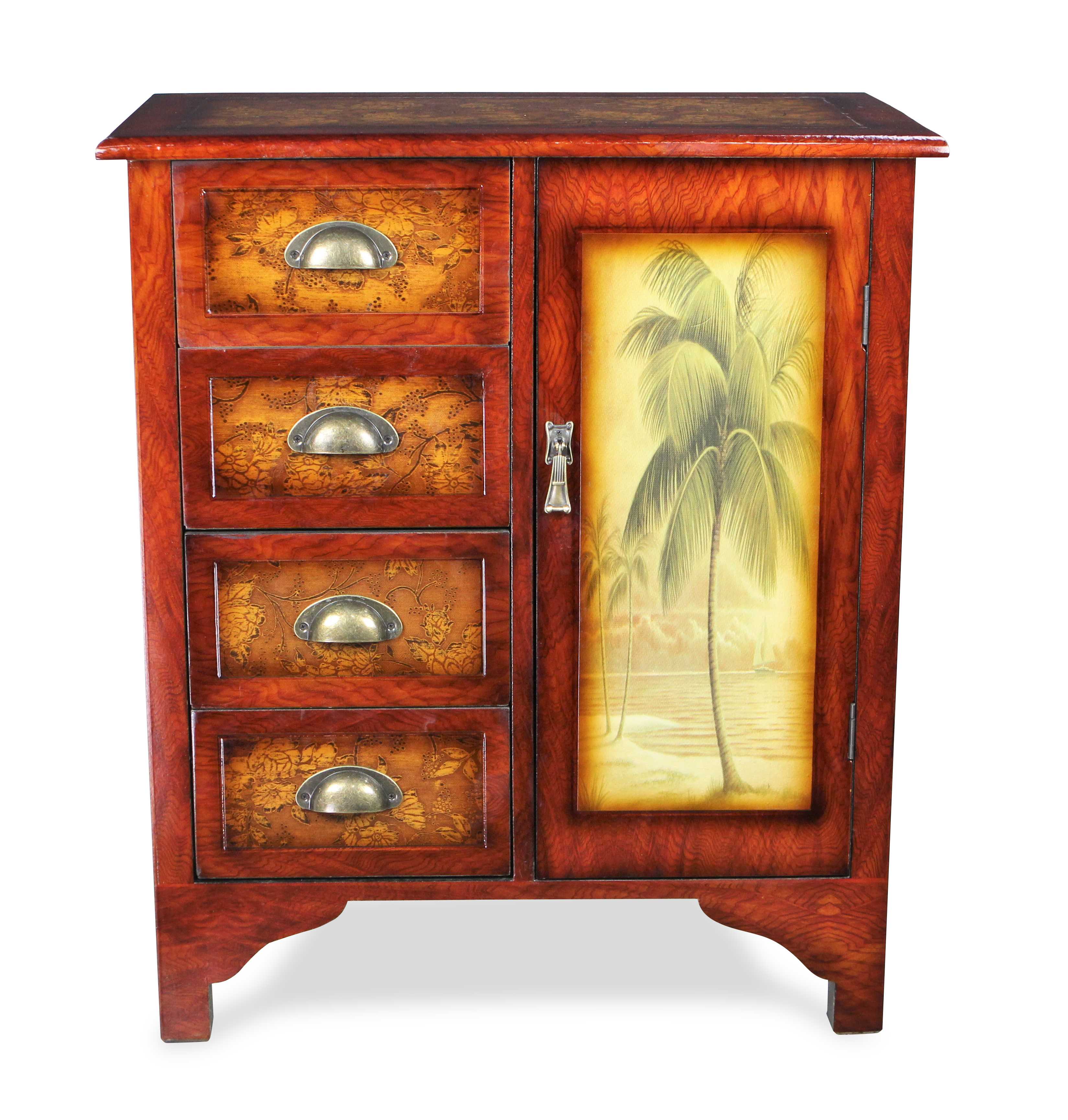28" Wooden Brown Tropical and Floral Design with 4 drawers and 1 door Cabinet