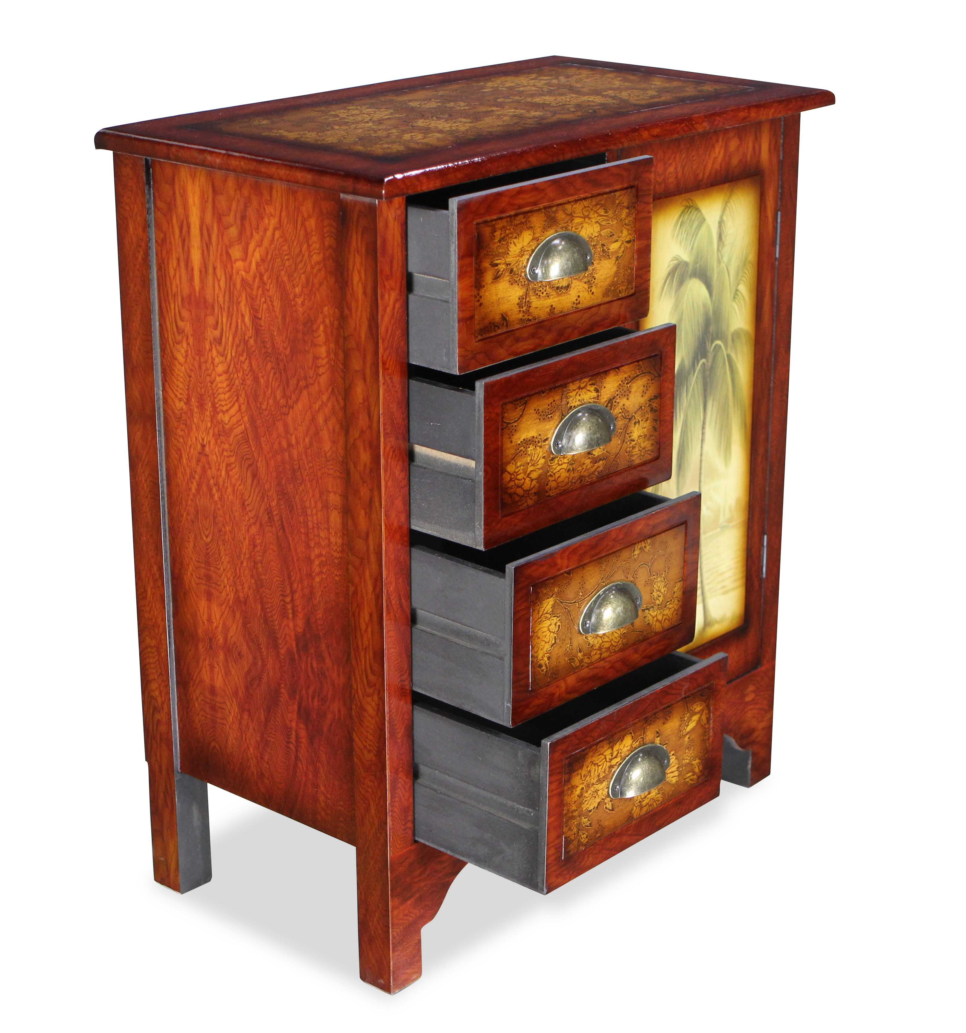 28" Wooden Brown Tropical and Floral Design with 4 drawers and 1 door Cabinet