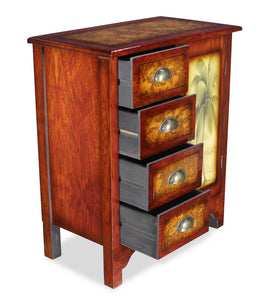 28" Wooden Brown Tropical and Floral Design with 4 drawers and 1 door Cabinet