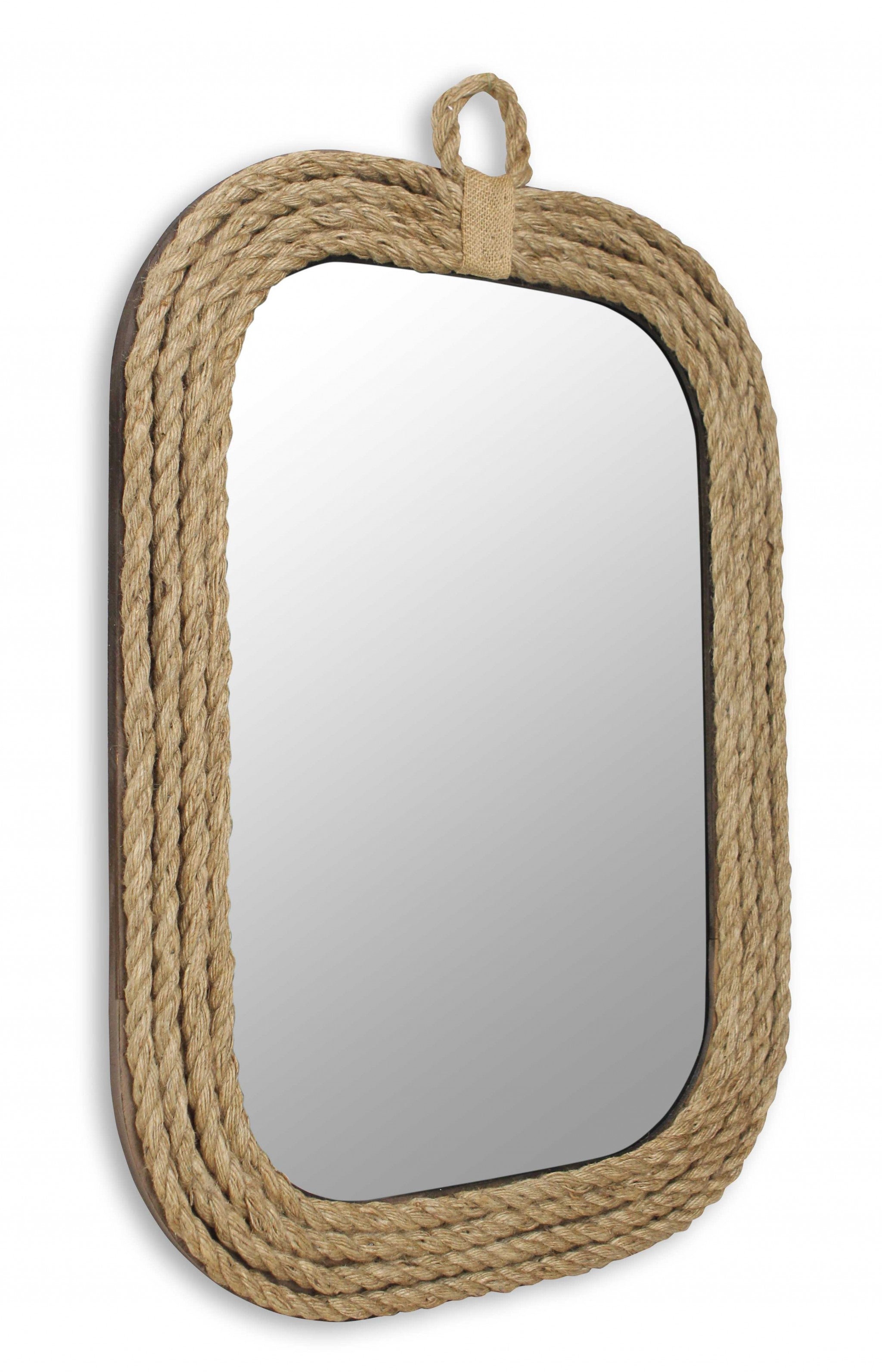 Brown Rounded Rectangular Shaped with Nautical Rope Frame Wall Mirror