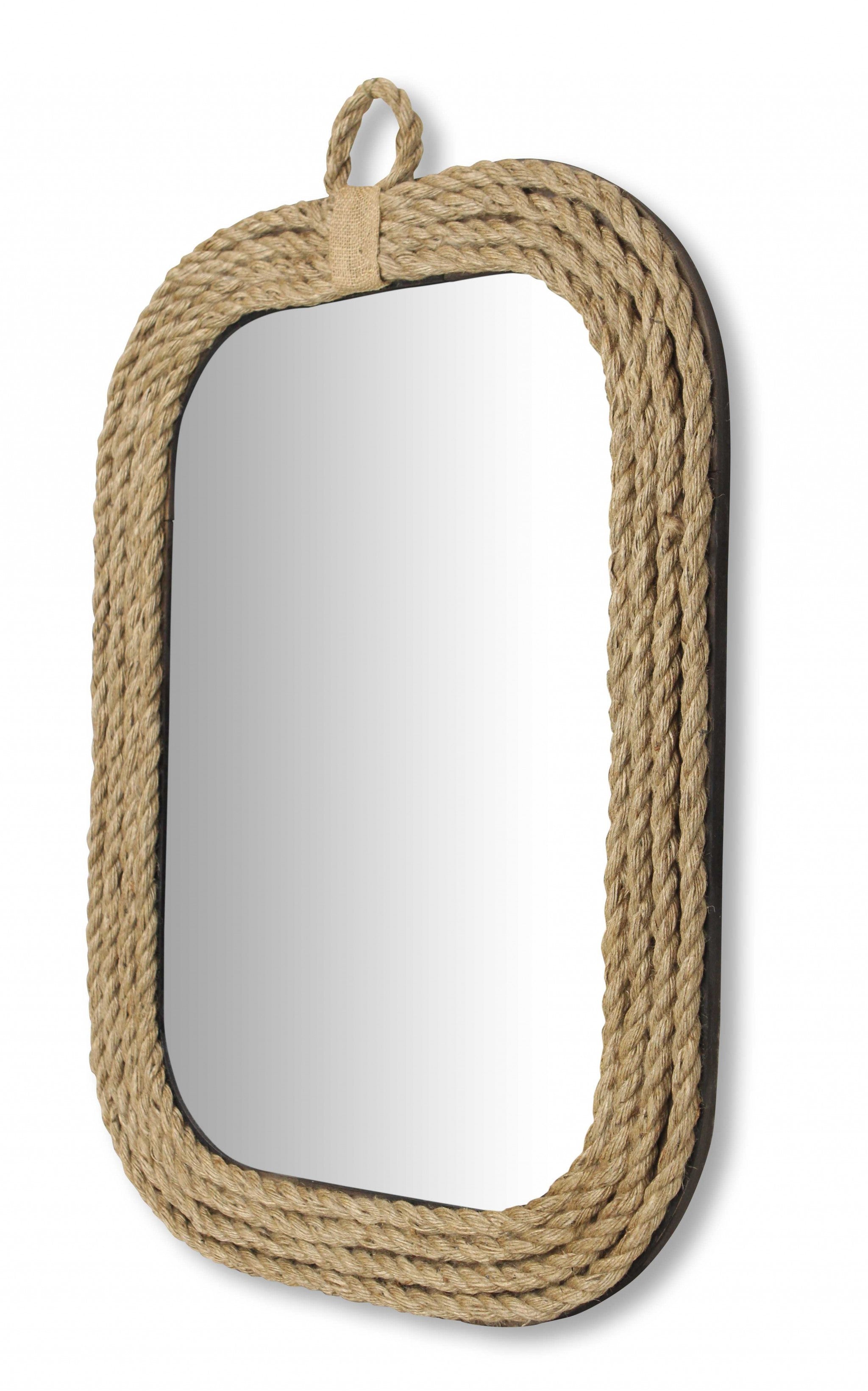 Brown Rounded Rectangular Shaped with Nautical Rope Frame Wall Mirror