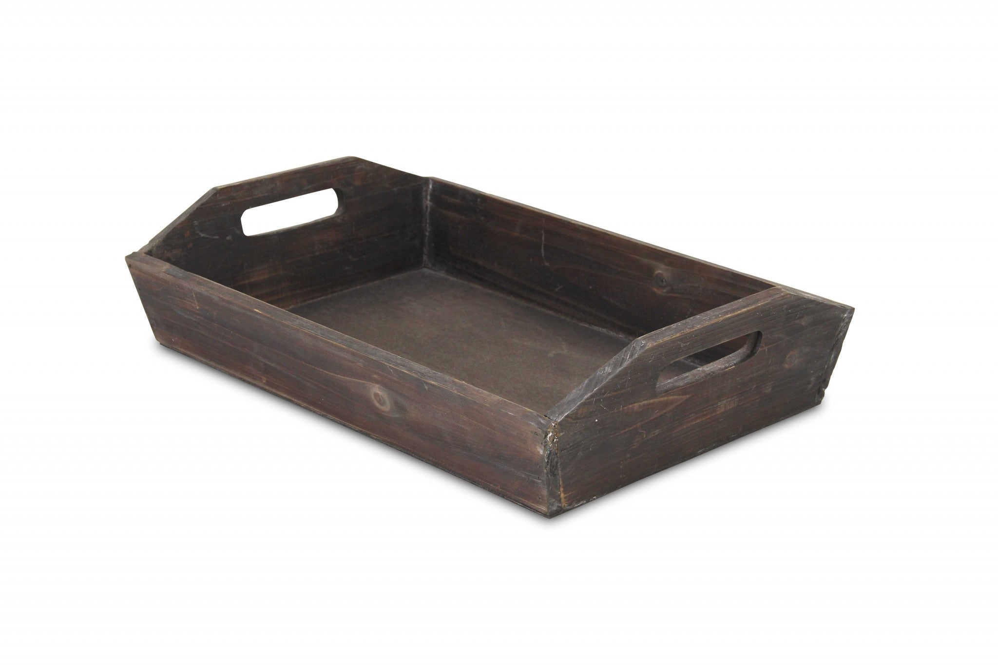 Rectangular Dark Rustic Brown Finish Wood Serving Tray with Handles
