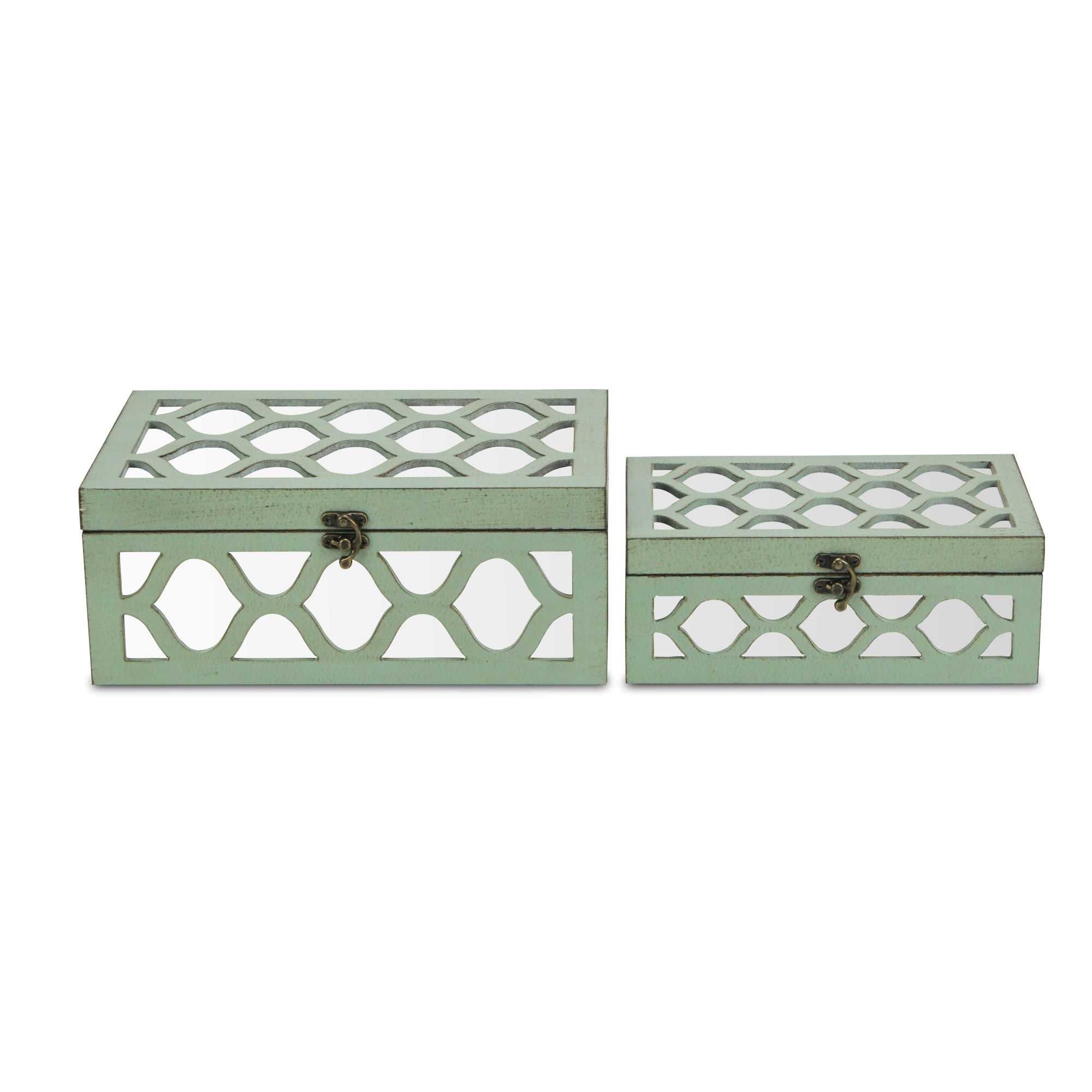 Set of 2 Blue Wooden Boxes with Overlayed Mirror Panels