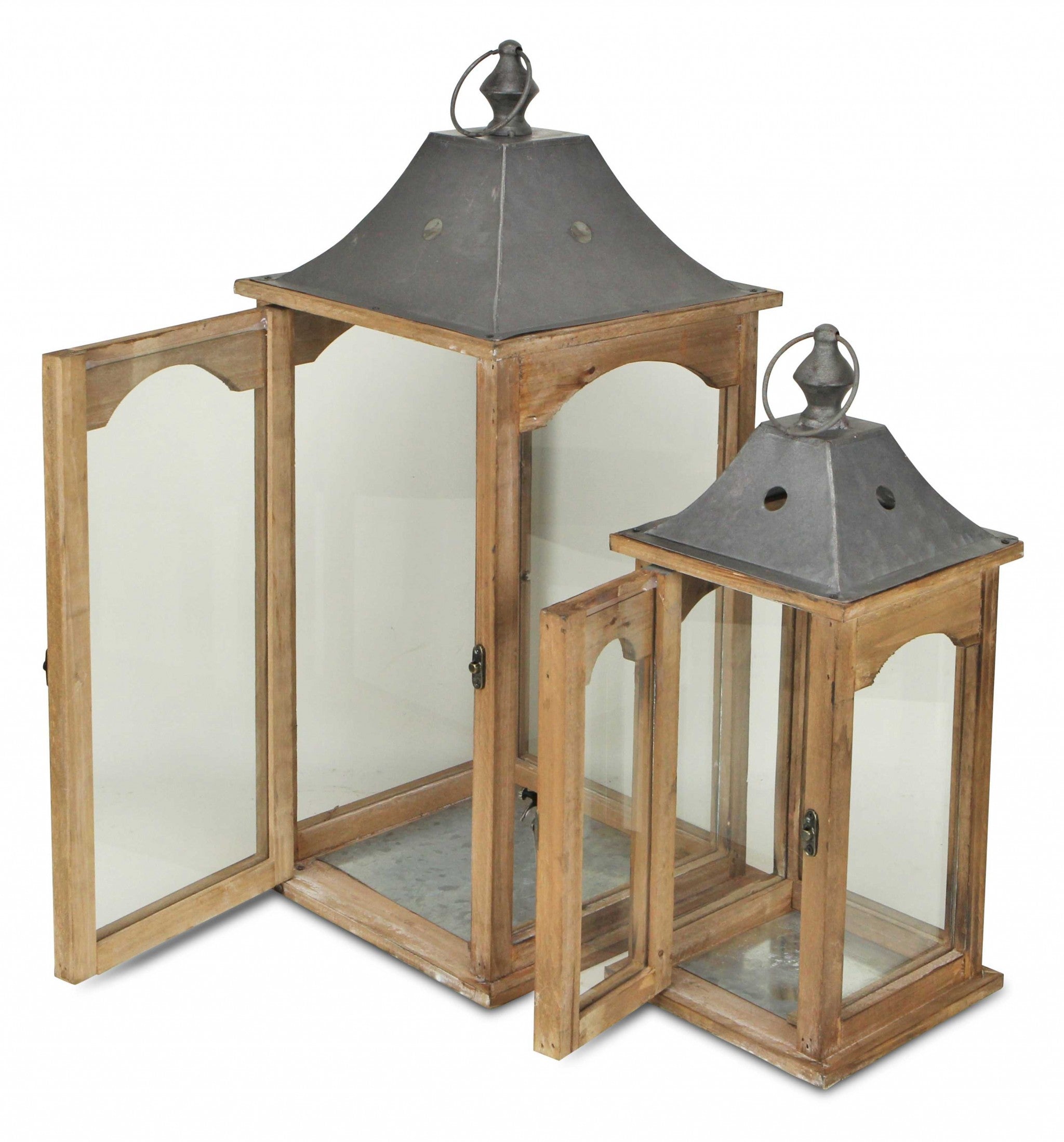 Set of 2 Brown Wood finished Frame Glass and Metal Top Lanterns