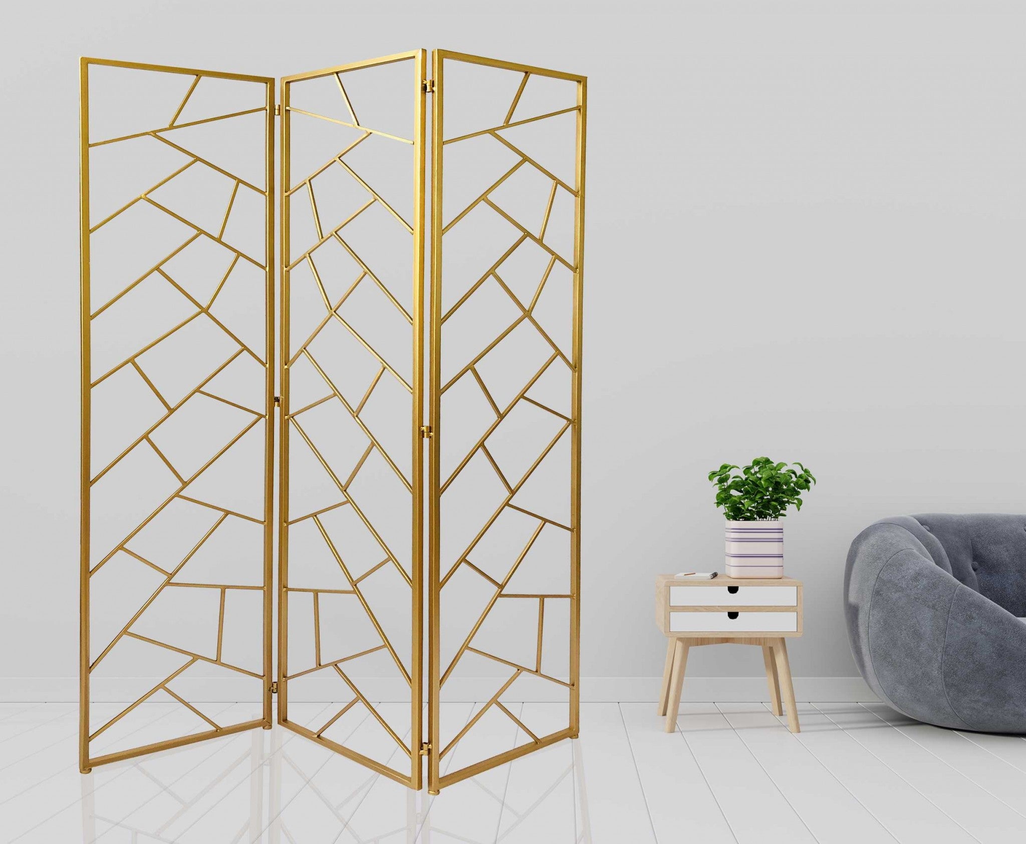 3 Panel Gold Room Divider with Geometric Motif