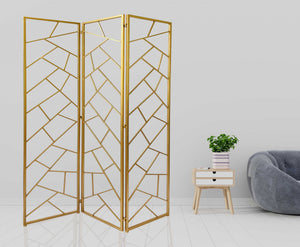 3 Panel Gold Room Divider with Geometric Motif
