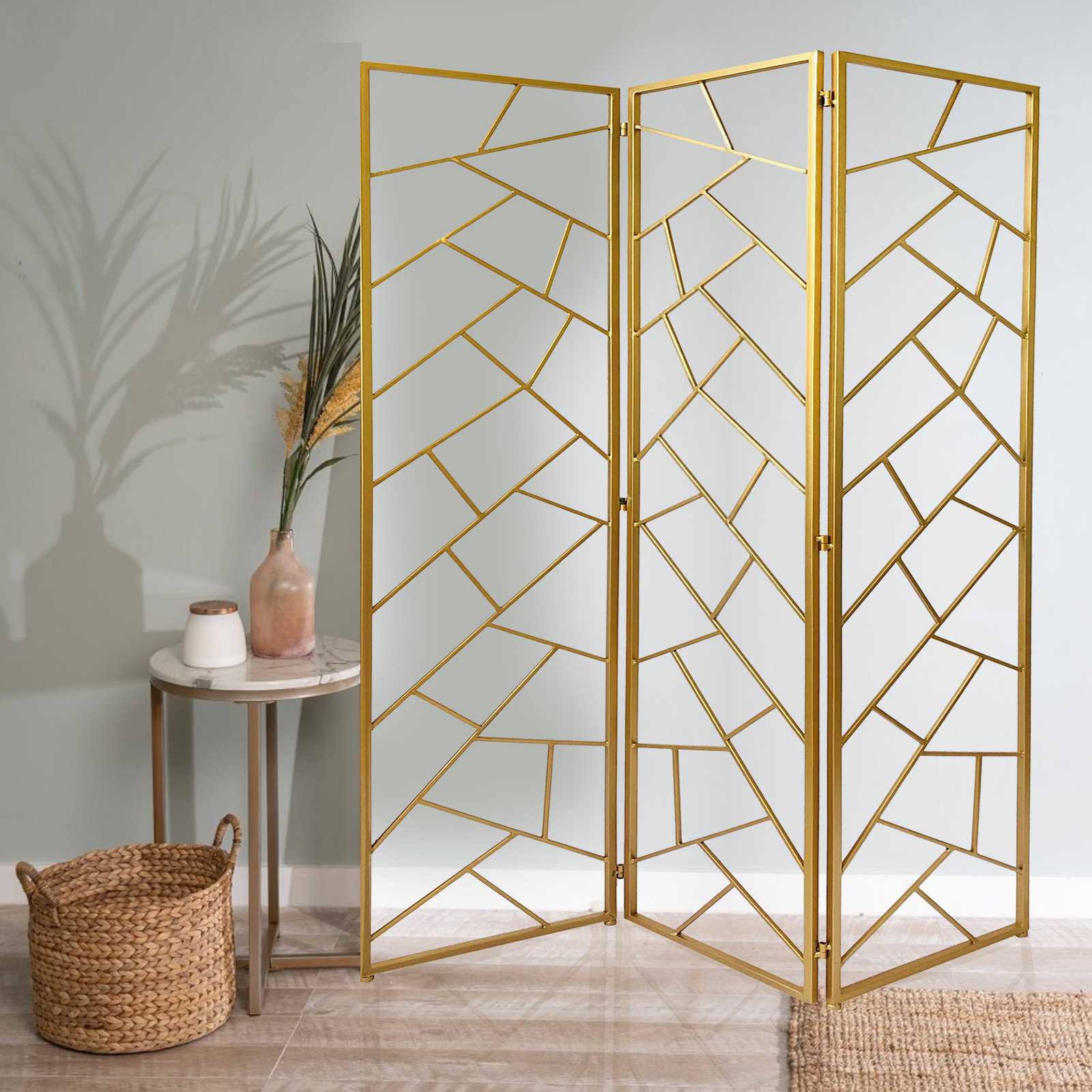 3 Panel Gold Room Divider with Geometric Motif