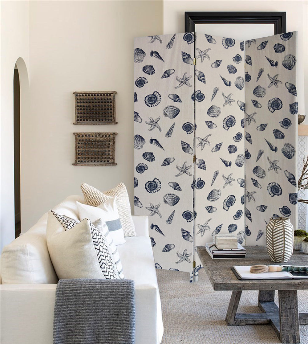 3 Panel Beige and Blue Soft Fabric Finish Room Divider