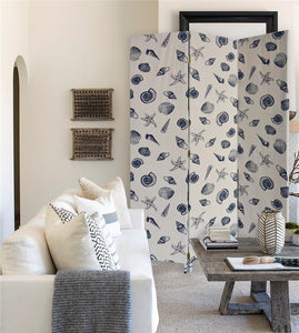 3 Panel Beige and Blue Soft Fabric Finish Room Divider