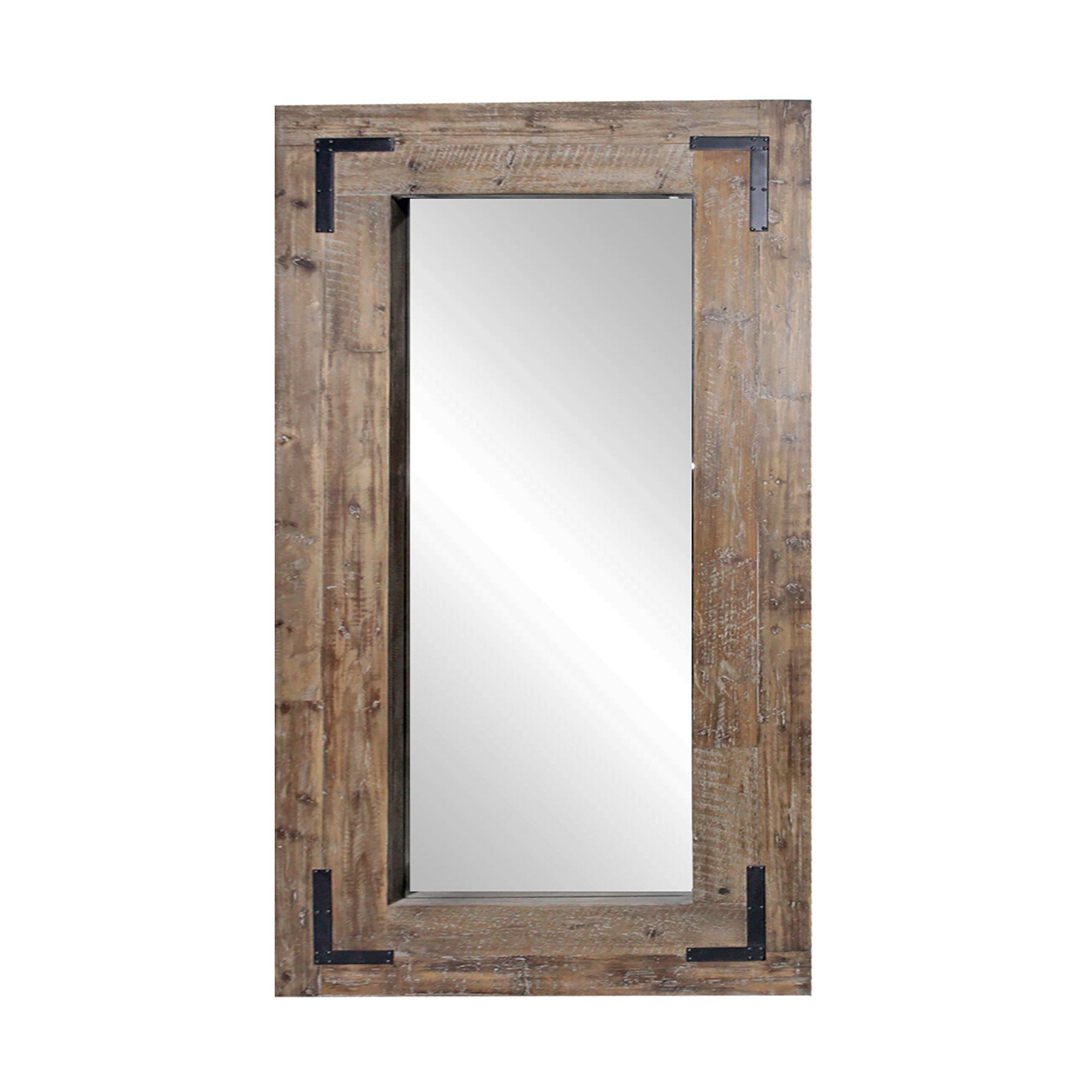 Rectangular Reclaimed Wood Finish  Leaning Mirror with Black Metal Corner Accents