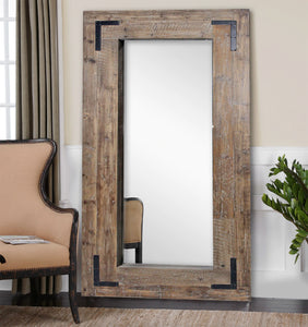 Rectangular Reclaimed Wood Finish  Leaning Mirror with Black Metal Corner Accents