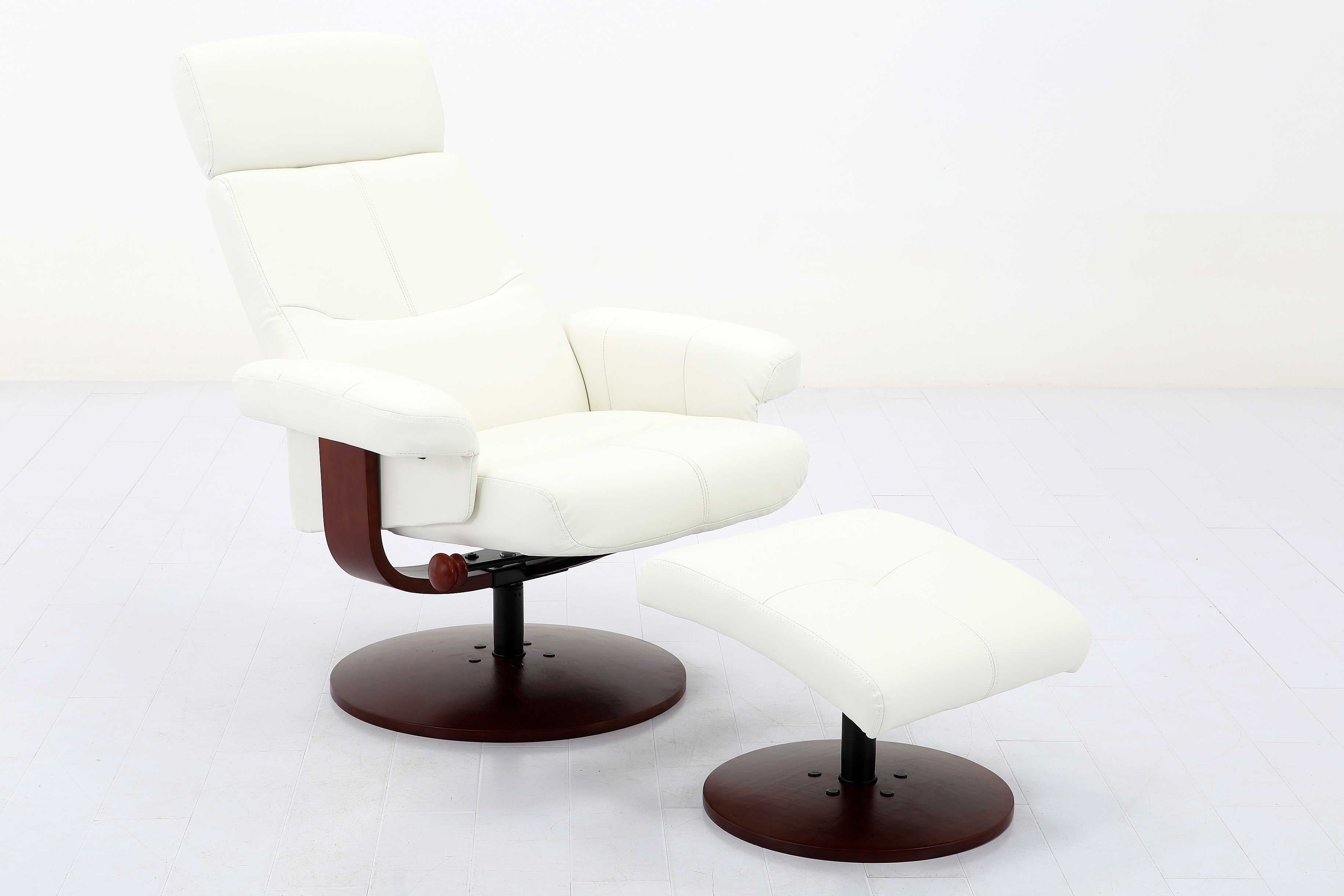 2pc Creamy White Soft Faux Leather Recliner and Ottoman Set