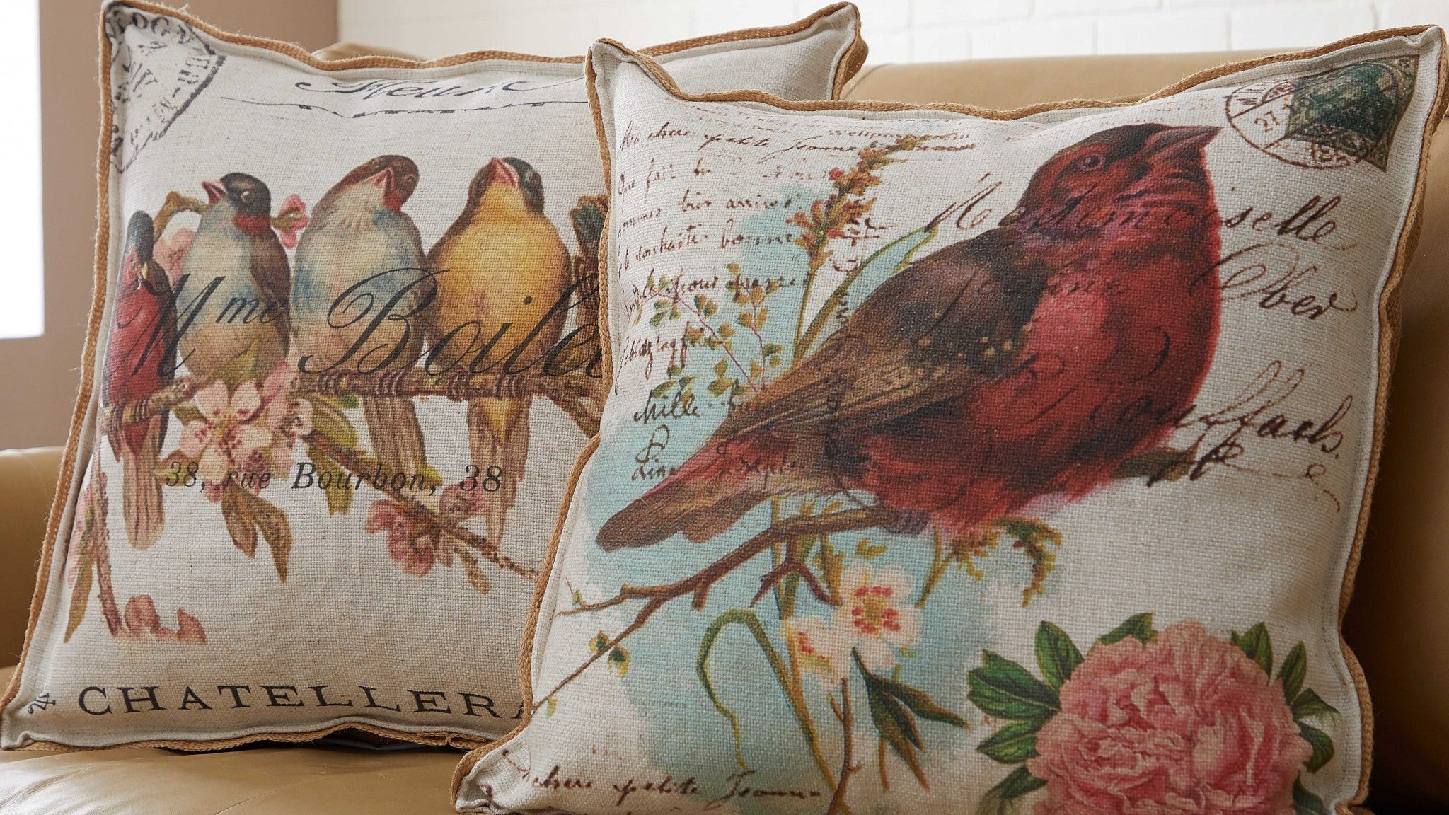 Cream Red Birds on a Limb Decorative Pillow