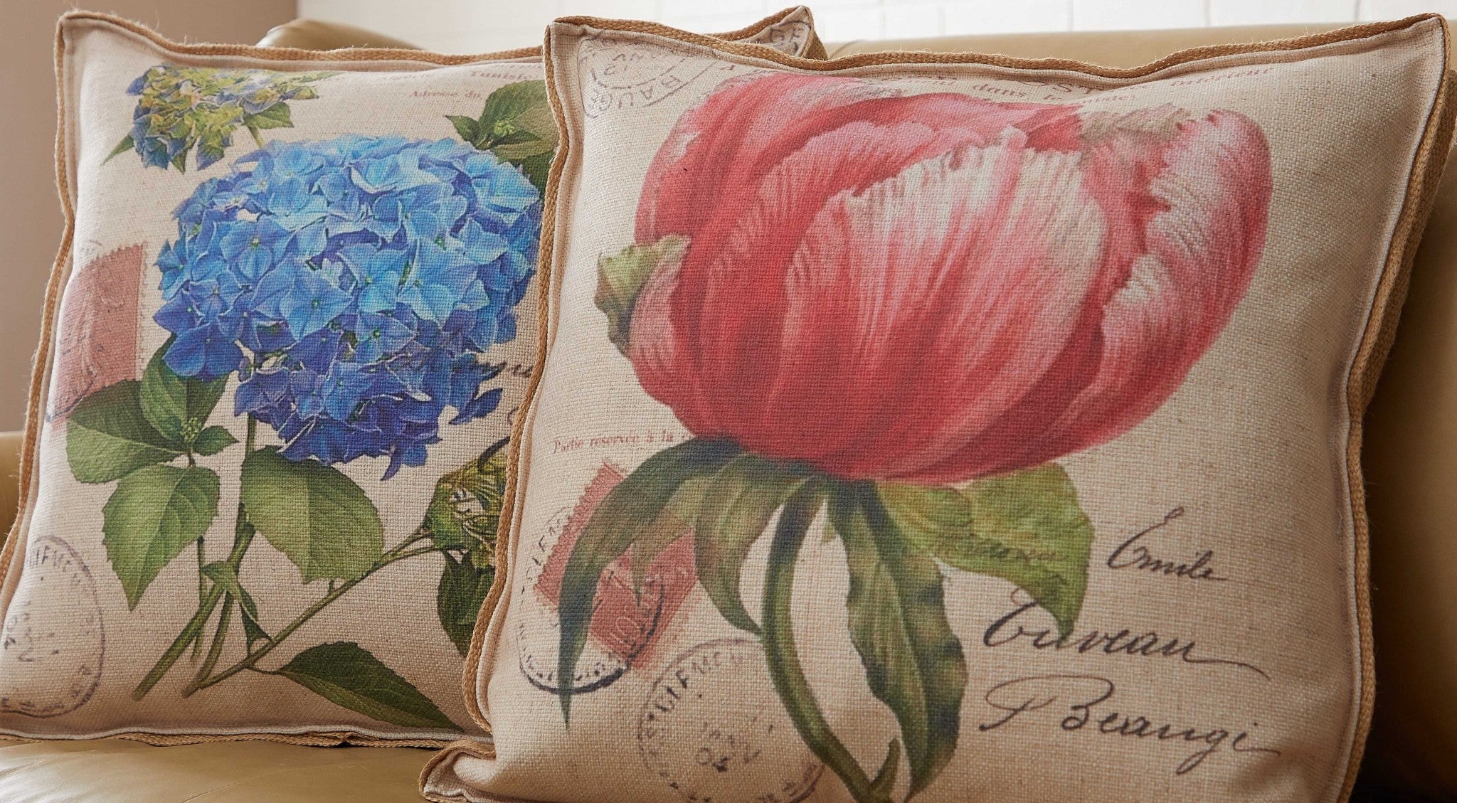 Oatmeal Peony and Hydrangea Decorative Pillow