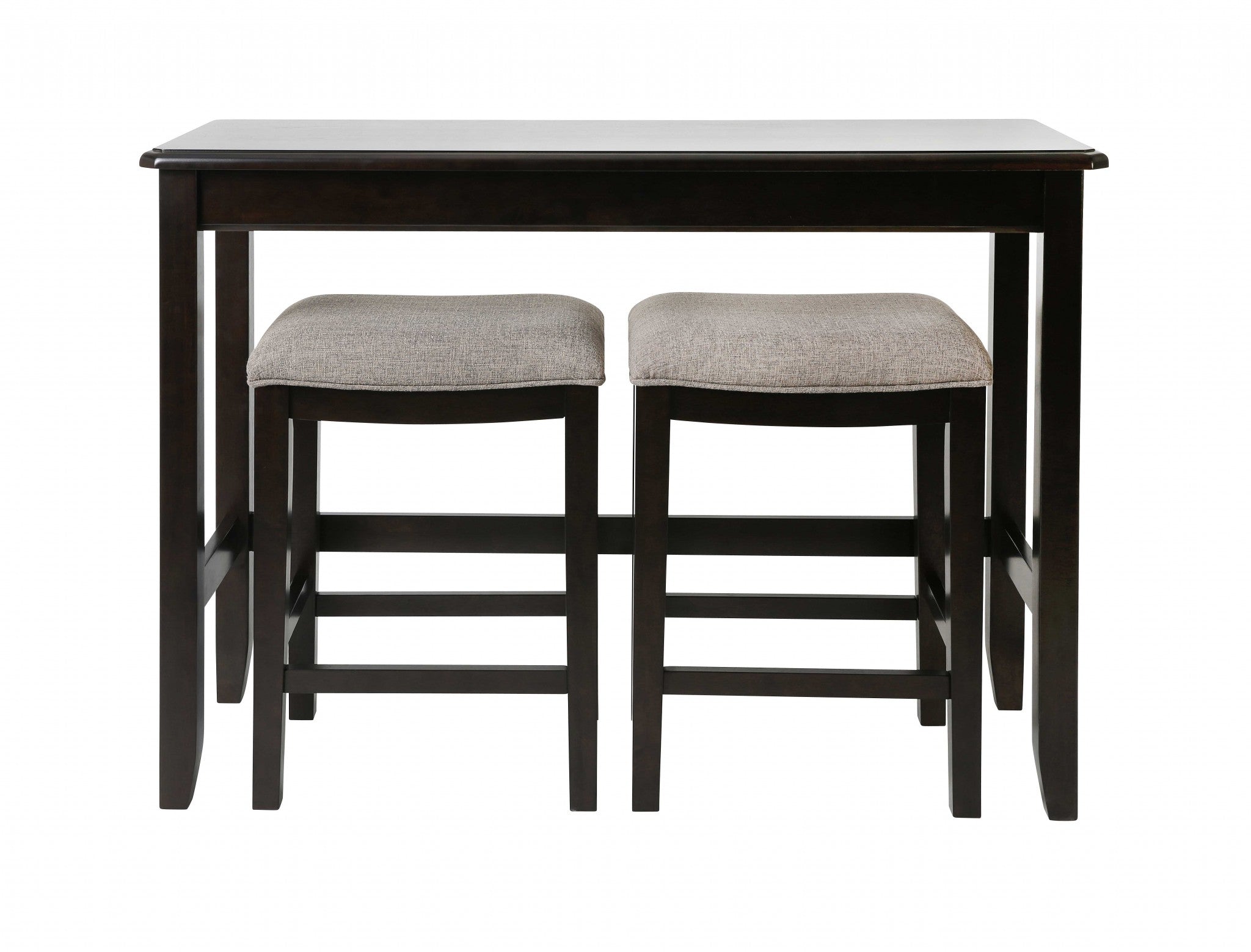 Rectangular Espresso Finish Sofa table with Two Bar Stools