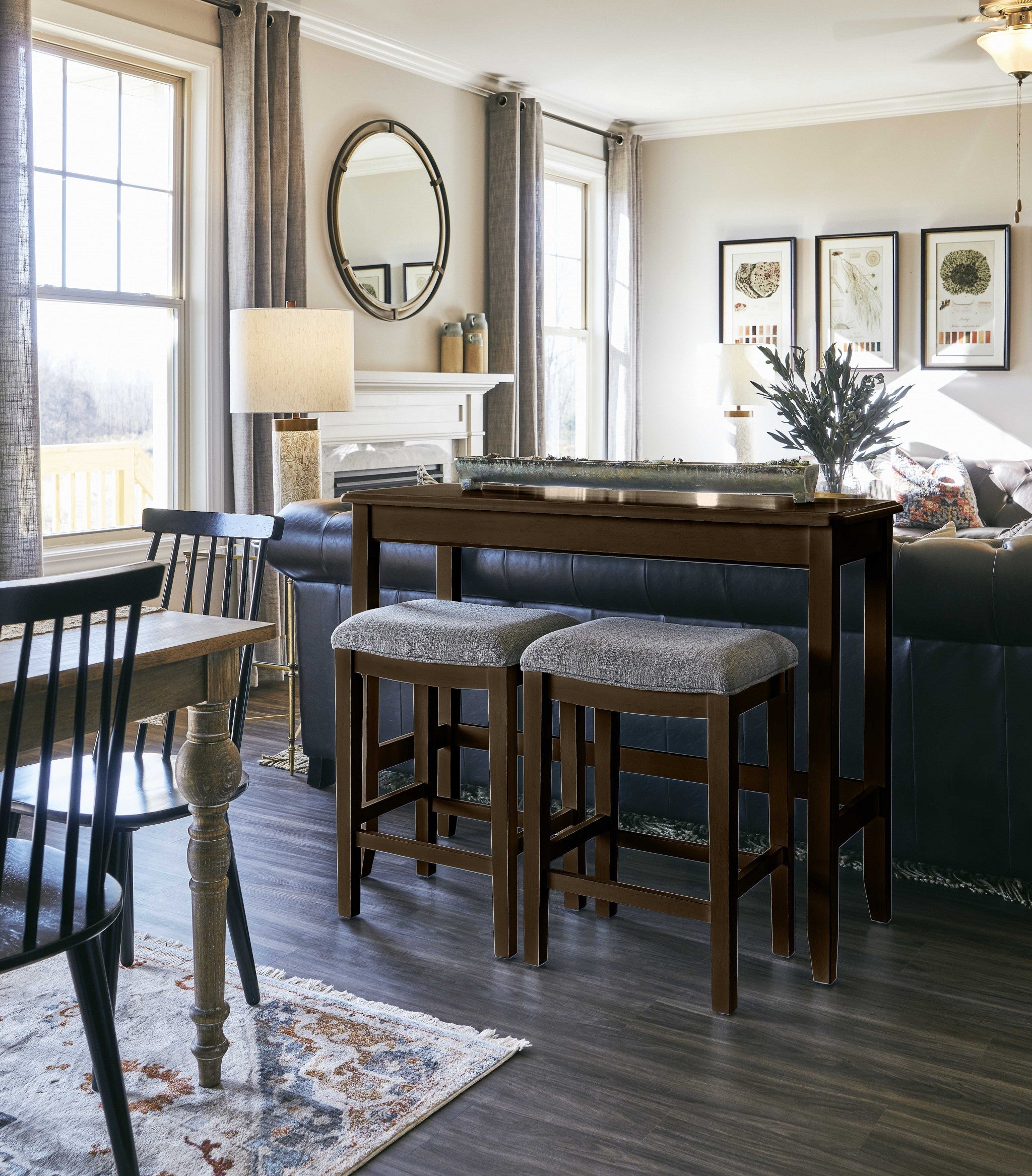 Rectangular Espresso Finish Sofa table with Two Bar Stools