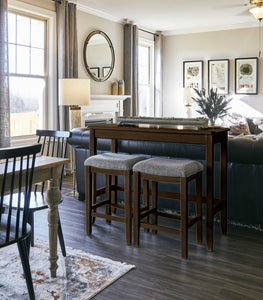 Rectangular Espresso Finish Sofa table with Two Bar Stools