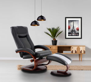 Black Top Grain Leather Recliner and Ottoman with Pillow
