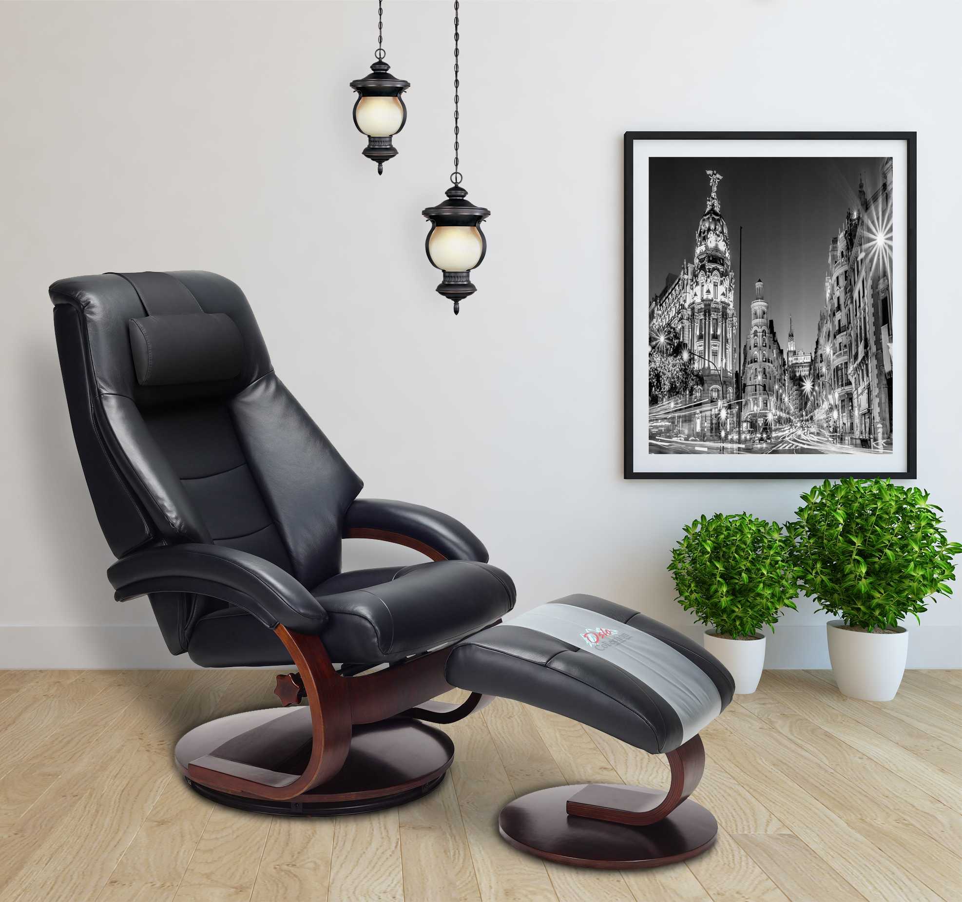 Black Top Grain Leather Recliner and Ottoman with Pillow