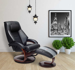 Black Top Grain Leather Recliner and Ottoman with Pillow