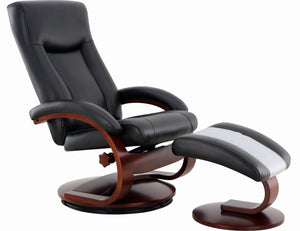 Black Top Grain Leather Recliner and Ottoman with Pillow