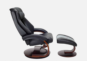 Black Top Grain Leather Recliner and Ottoman with Pillow