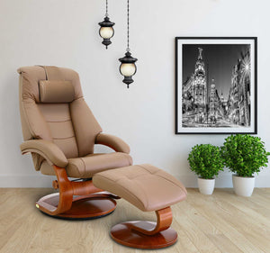 Tan Top Grain Leather Recliner and Ottoman with Pillow