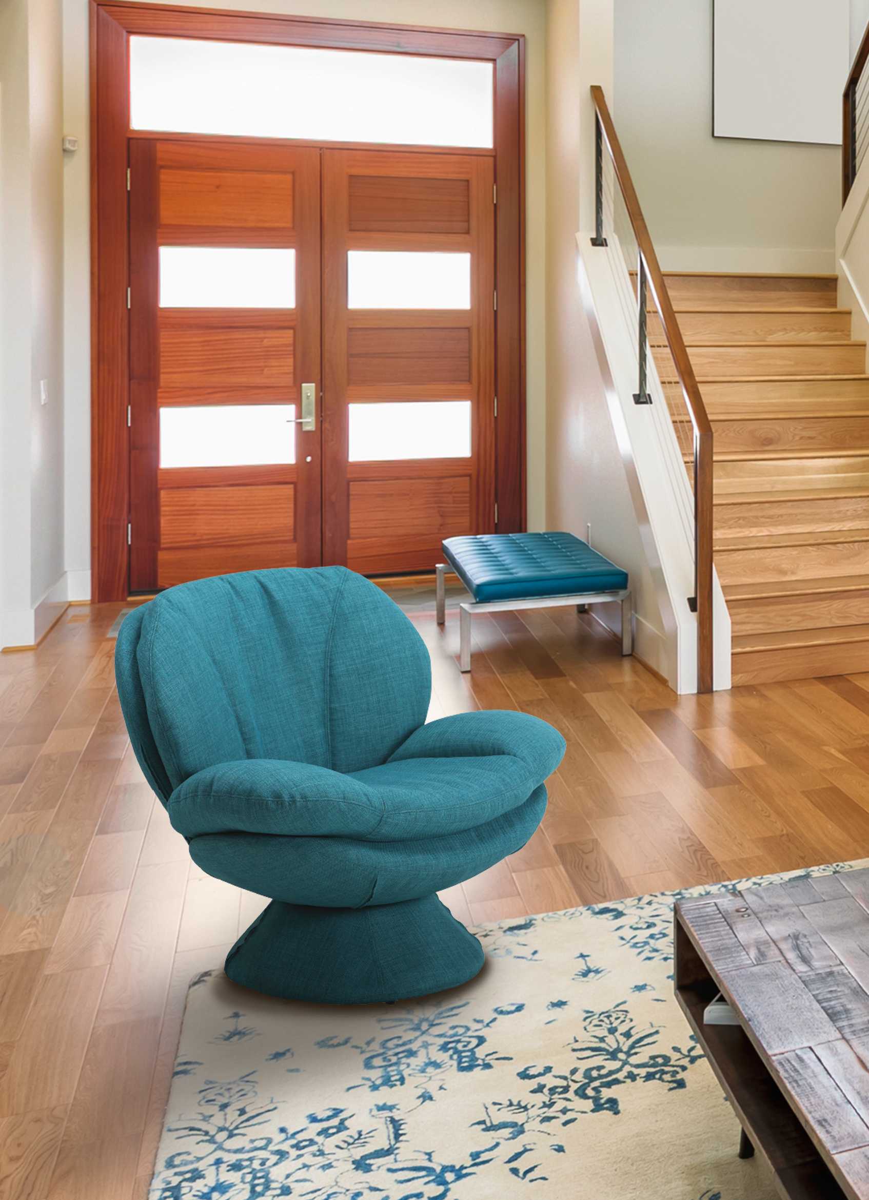 Turquoise Blue Fabric Swivel Accent Chair