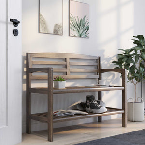 Rectangular Wood Bench with Back and Shelf in Antique Chestnut