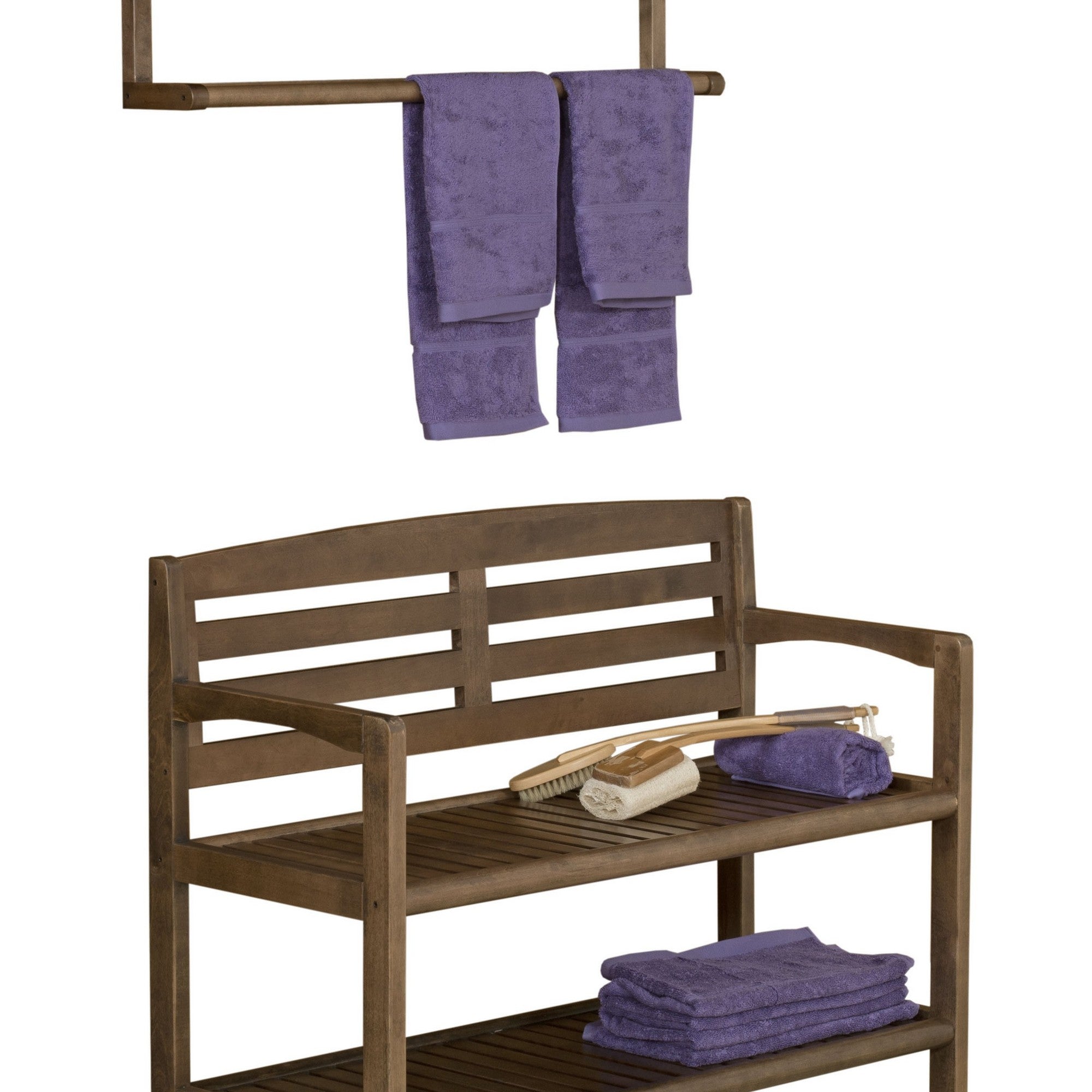 Rectangular Wood Bench with Back and Shelf in Antique Chestnut