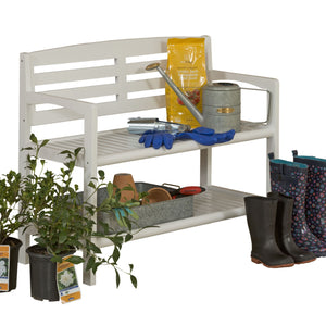 Rectangular Wood Bench with Back and Shelf in Antique White