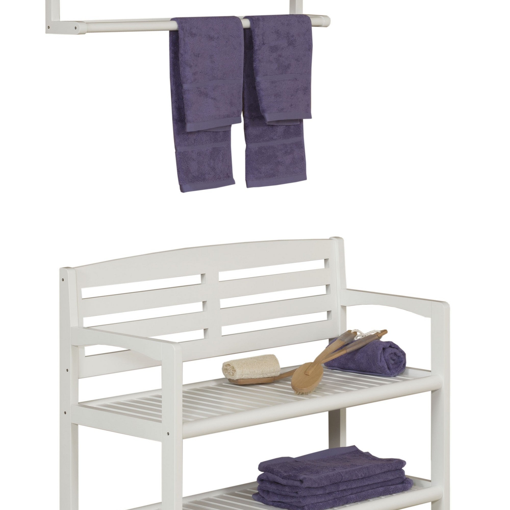 Rectangular Wood Bench with Back and Shelf in Antique White