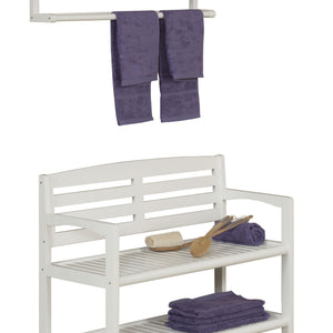 Rectangular Wood Bench with Back and Shelf in Antique White