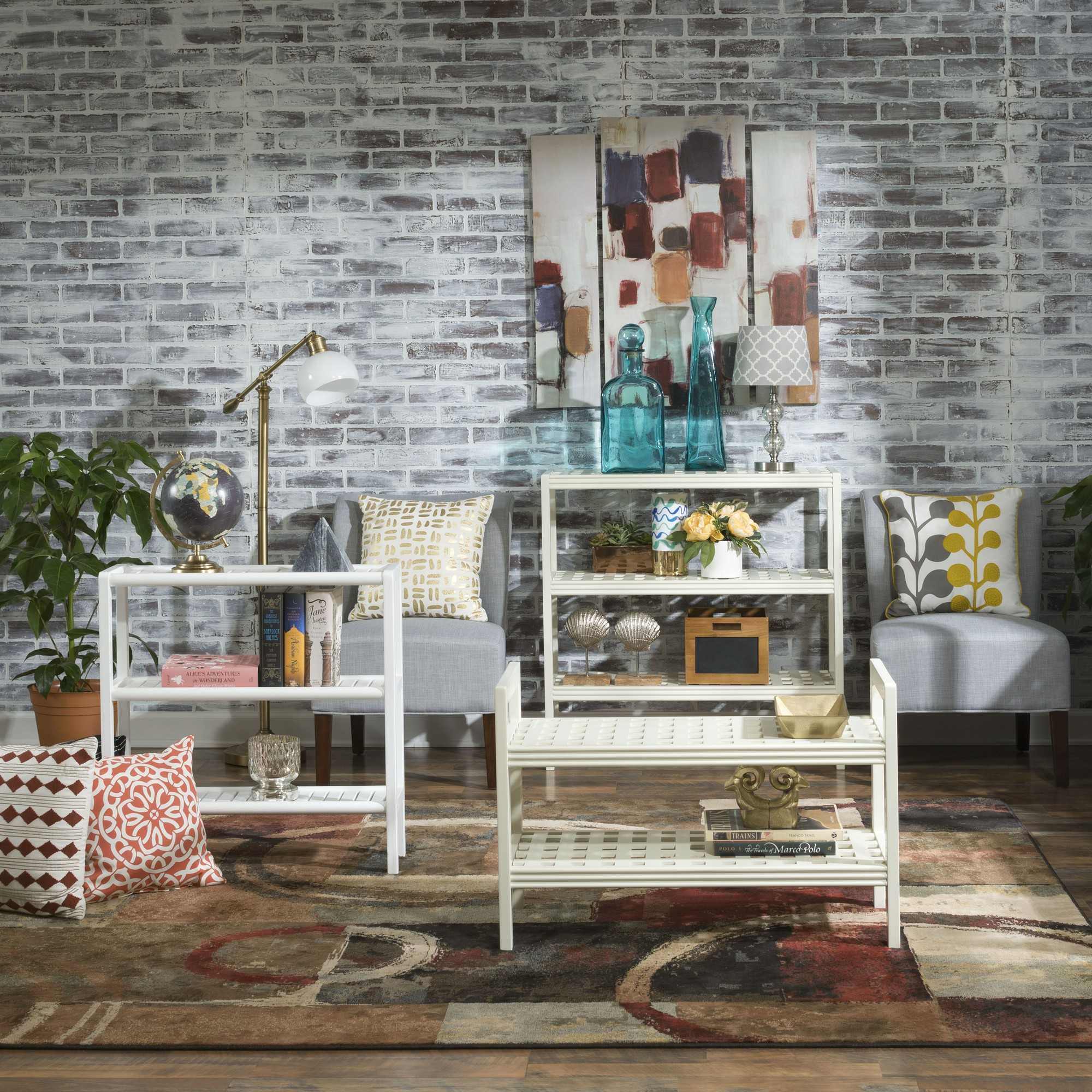 Rectangular Wood Bench with Back and Shelf in Antique White