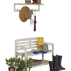 Rectangular Wood Bench with Back and Shelf in Antique White
