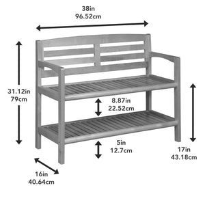 Rectangular Wood Bench with Back and Shelf in Antique White