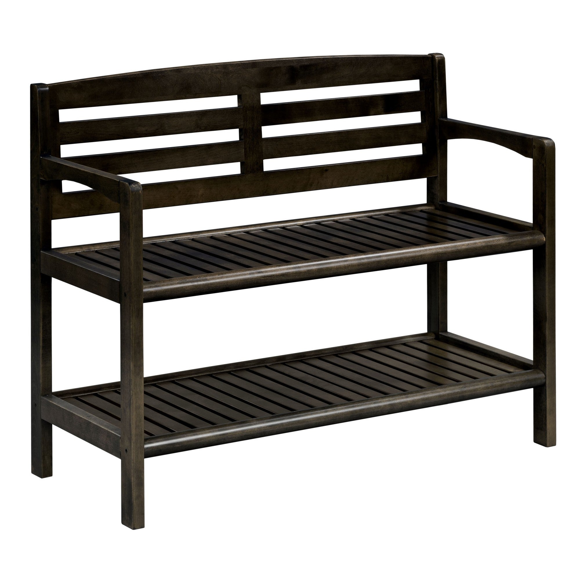 Rectangular Wood Bench with Back and Shelf in Espresso