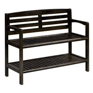 Rectangular Wood Bench with Back and Shelf in Espresso
