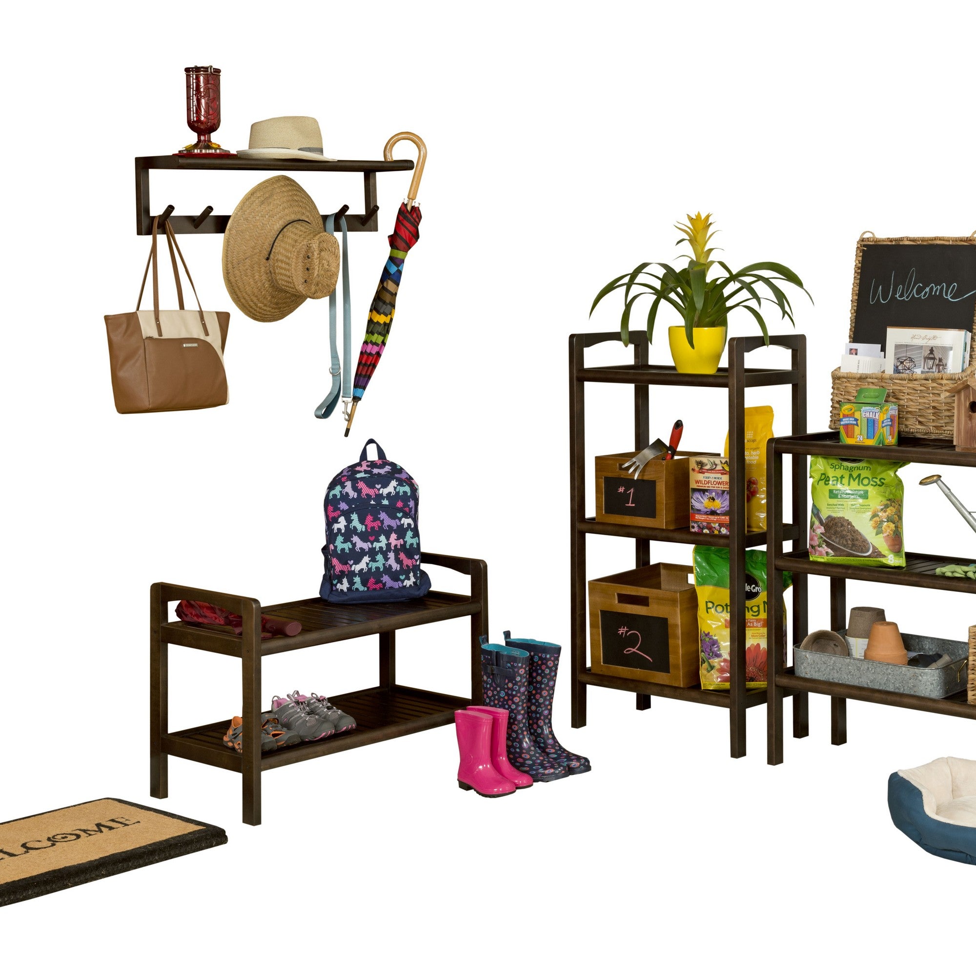 Wooden Large Peg Coat or Towel Rack with Shelf in Espresso
