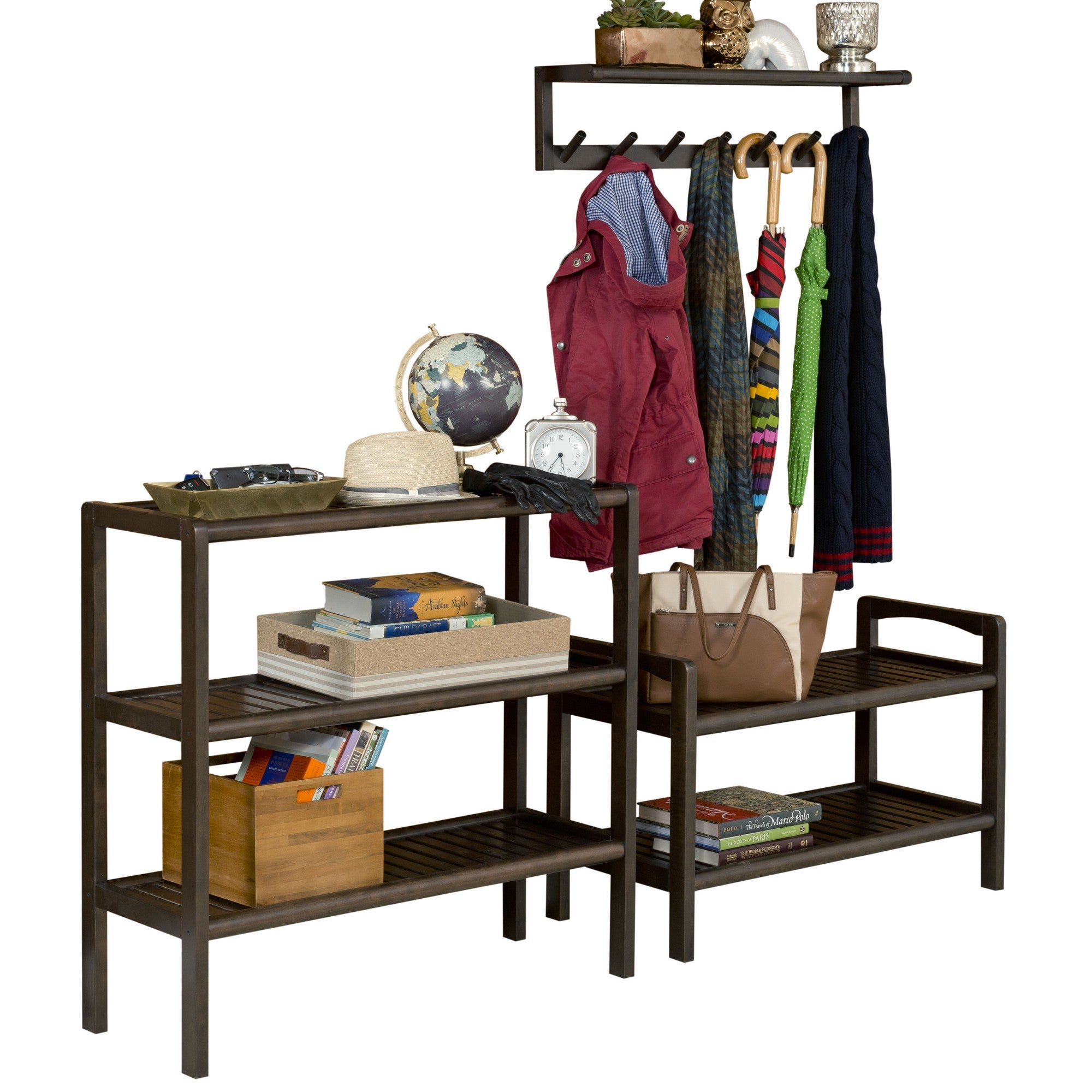 Wooden Large Peg Coat or Towel Rack with Shelf in Espresso