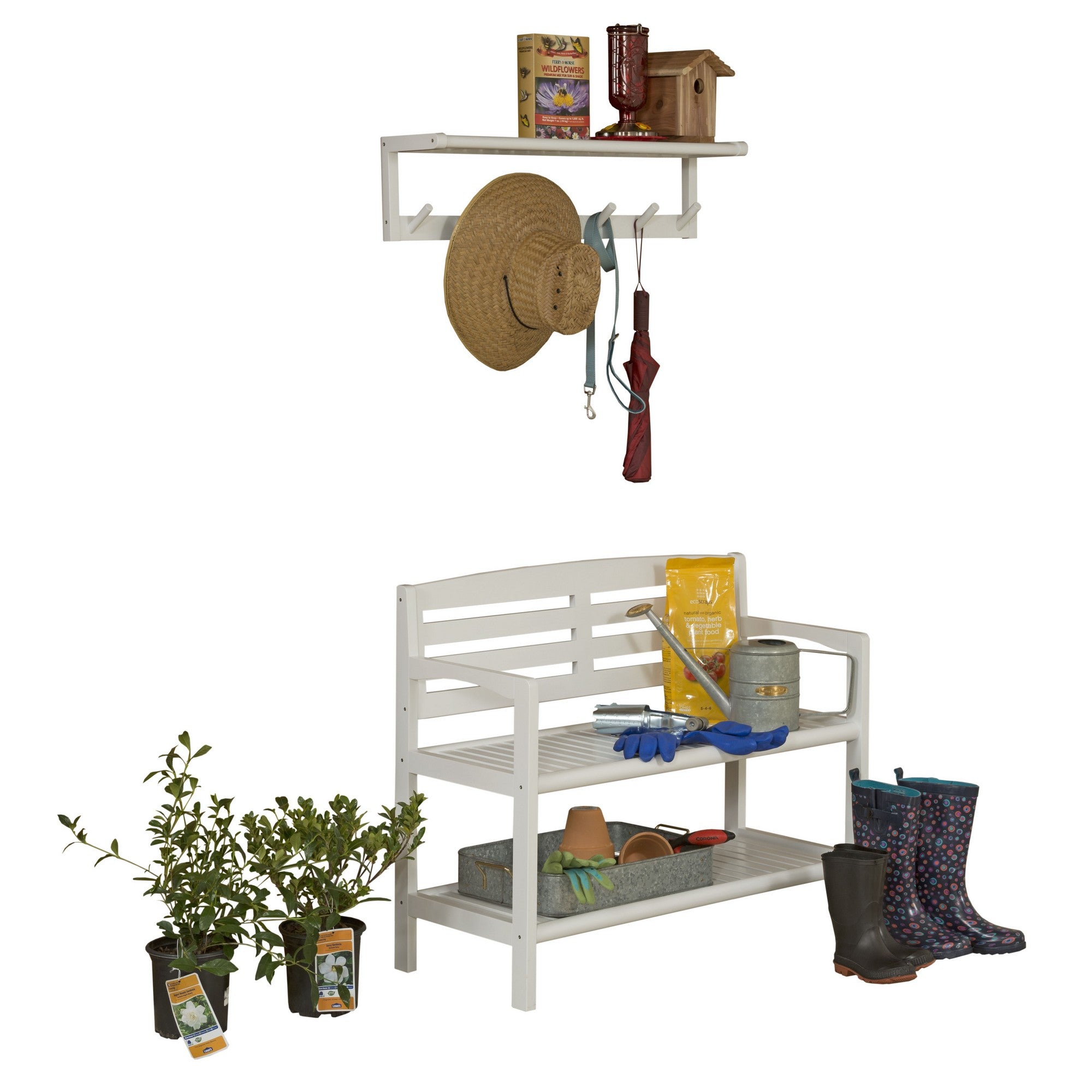 Wooden Large Peg Coat or Towel Rack with Shelf in White