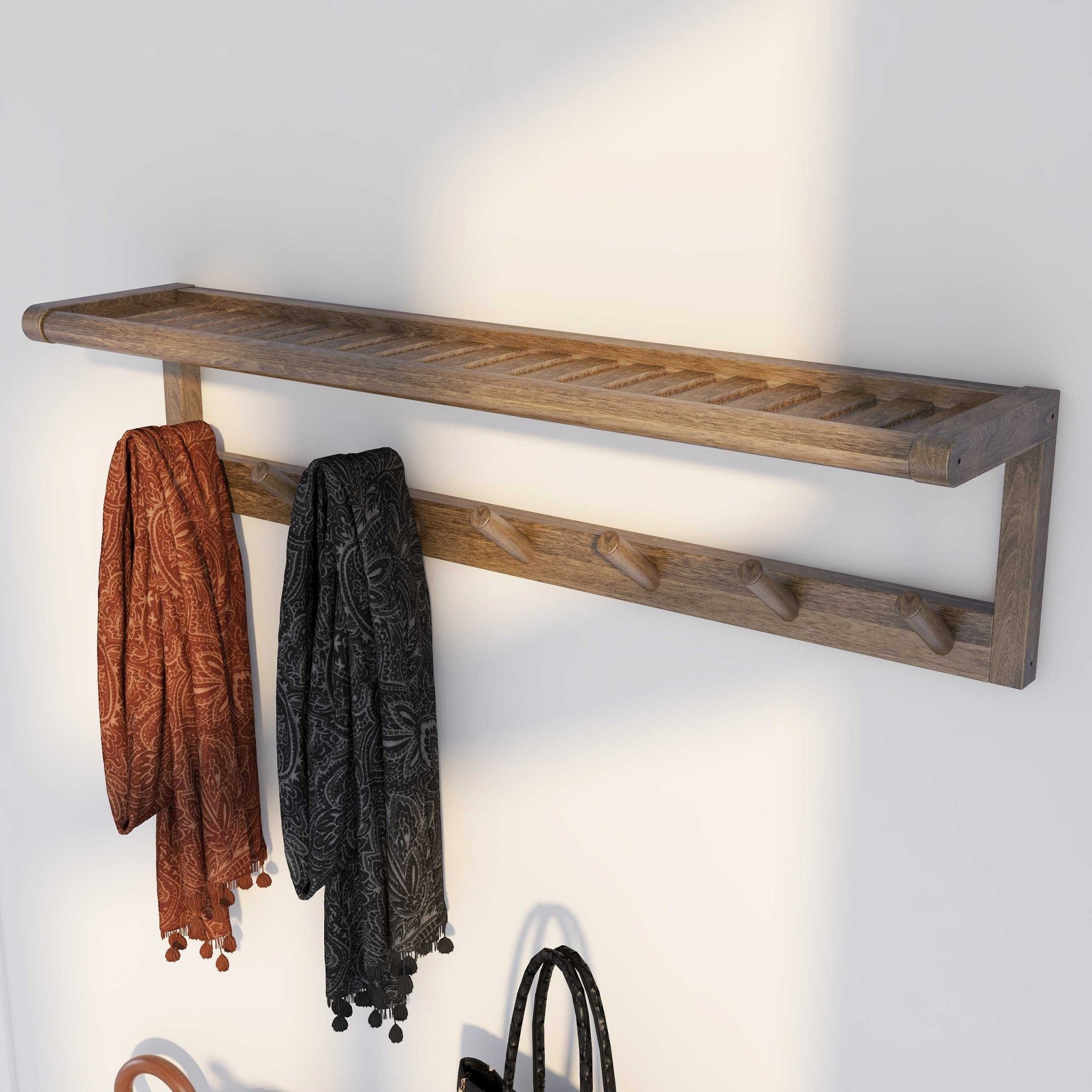 Wooden Large Peg Coat or Towel Rack with Shelf in Antique Chestnut