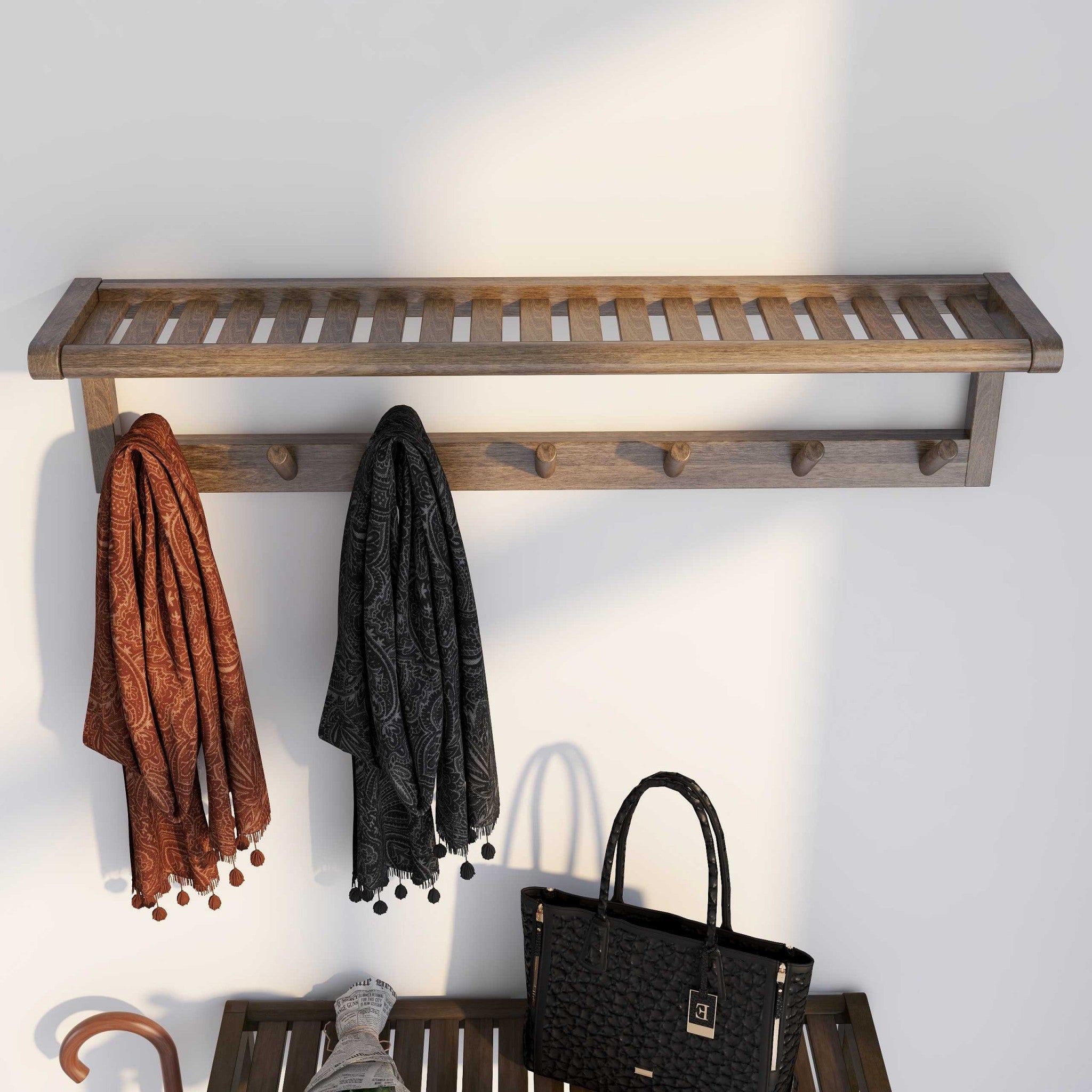 Wooden Large Peg Coat or Towel Rack with Shelf in Antique Chestnut