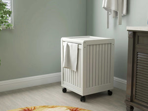 Rolling Solid Wood Laundry Hamper with Lid in White