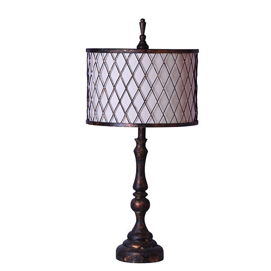 Distressed Copper Traditional Table Lamp with White Linen and Mesh Metal Shade