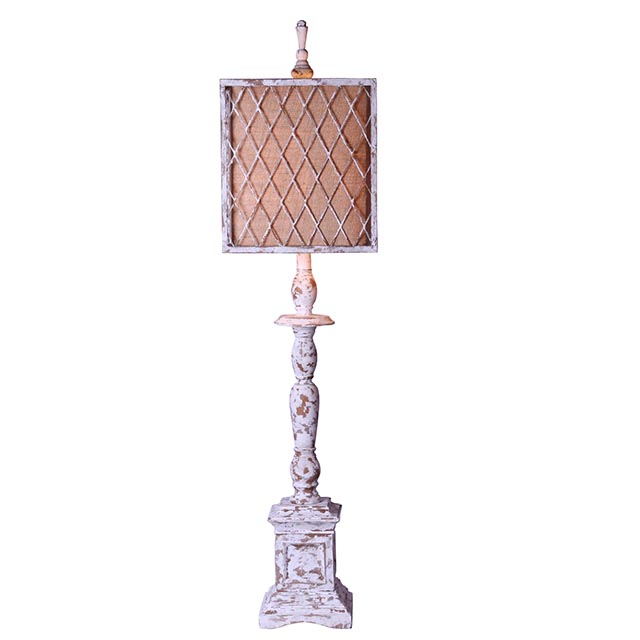 Distressed White Traditional Table Lamp with Ivory Linen and Mesh Metal Shade